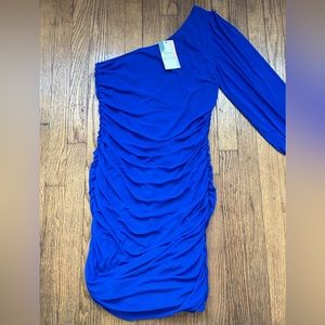 BTFM Women One Shoulder Rushed Bodycon Mini Dress with Puff Long Sleeve